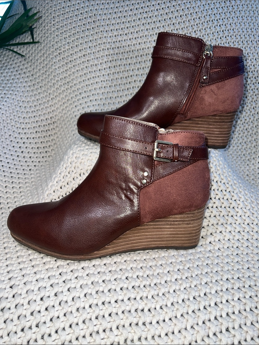 Dr. Scholl's Brown Leather & Suede Wedge Ankle Booties with Buckle